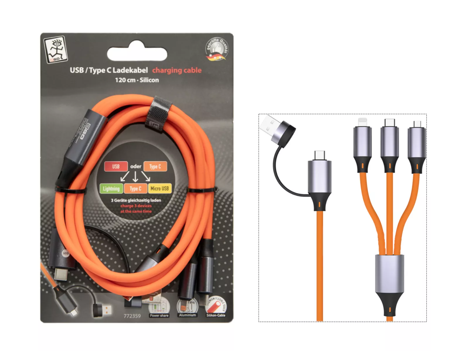 5in1 Silikon-Kabel, 120cm, orange